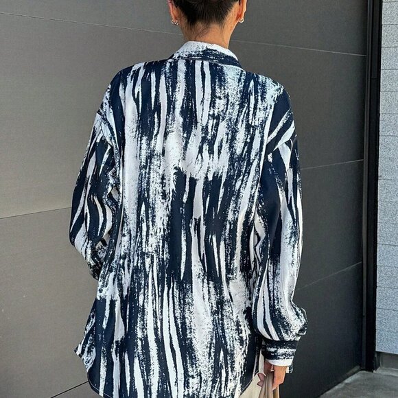 Royal Blue Casual Women's Random Print Loose Long Sleeve Shirt - Picture 4 of 8